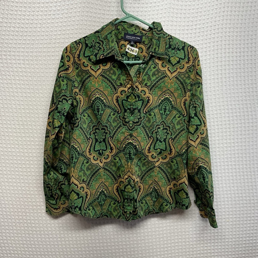 Jones New York Signature Paisley Button Down Shirt Womens PL Green Beige Blouse